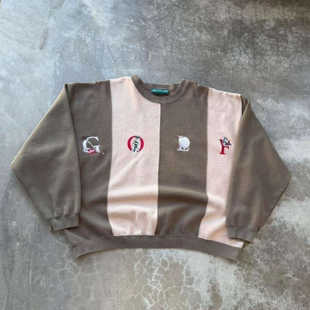 American Vintage Two-Tone Taupe and Cream Striped Crewneck Sweater